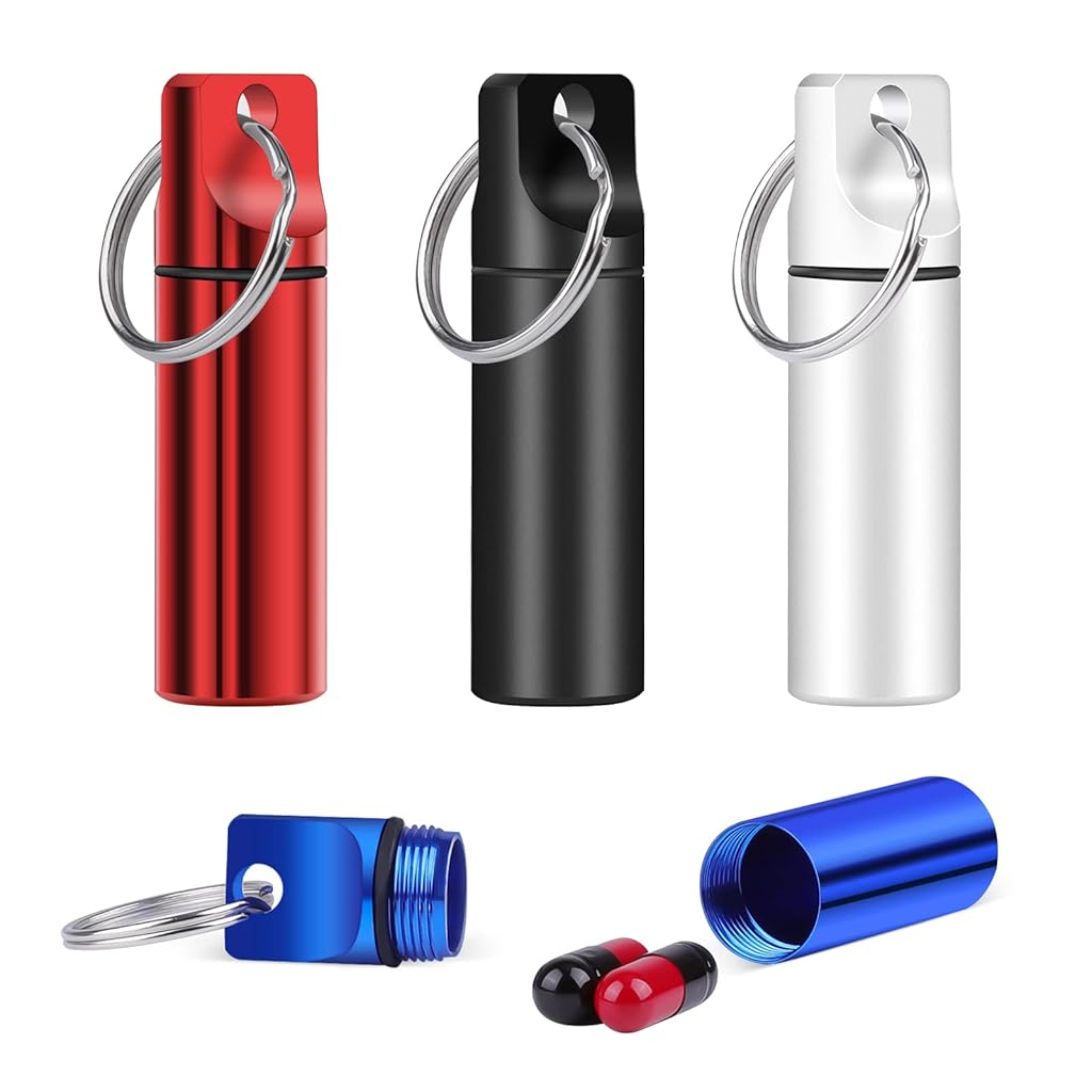 ZIBUYU® 4 Pack Pill Box Keyrings, Waterproof Metal Pill Box, Small for On the Go, Mini Pill Box, Pill Box, Medicine Box ZIBUYU® 4 Pack Pill Box Keyrings, Waterproof Metal Pill Box, Small for On the Go, Mini Pill Box, Pill Box, Medicine Box